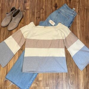 Boutique womens sweater Large striped off shoulder colorblock knit bell sleeve